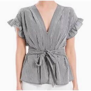 Max Studio Black White Check Blouse Waist Tie V-Neck Flutter Sleeve Small